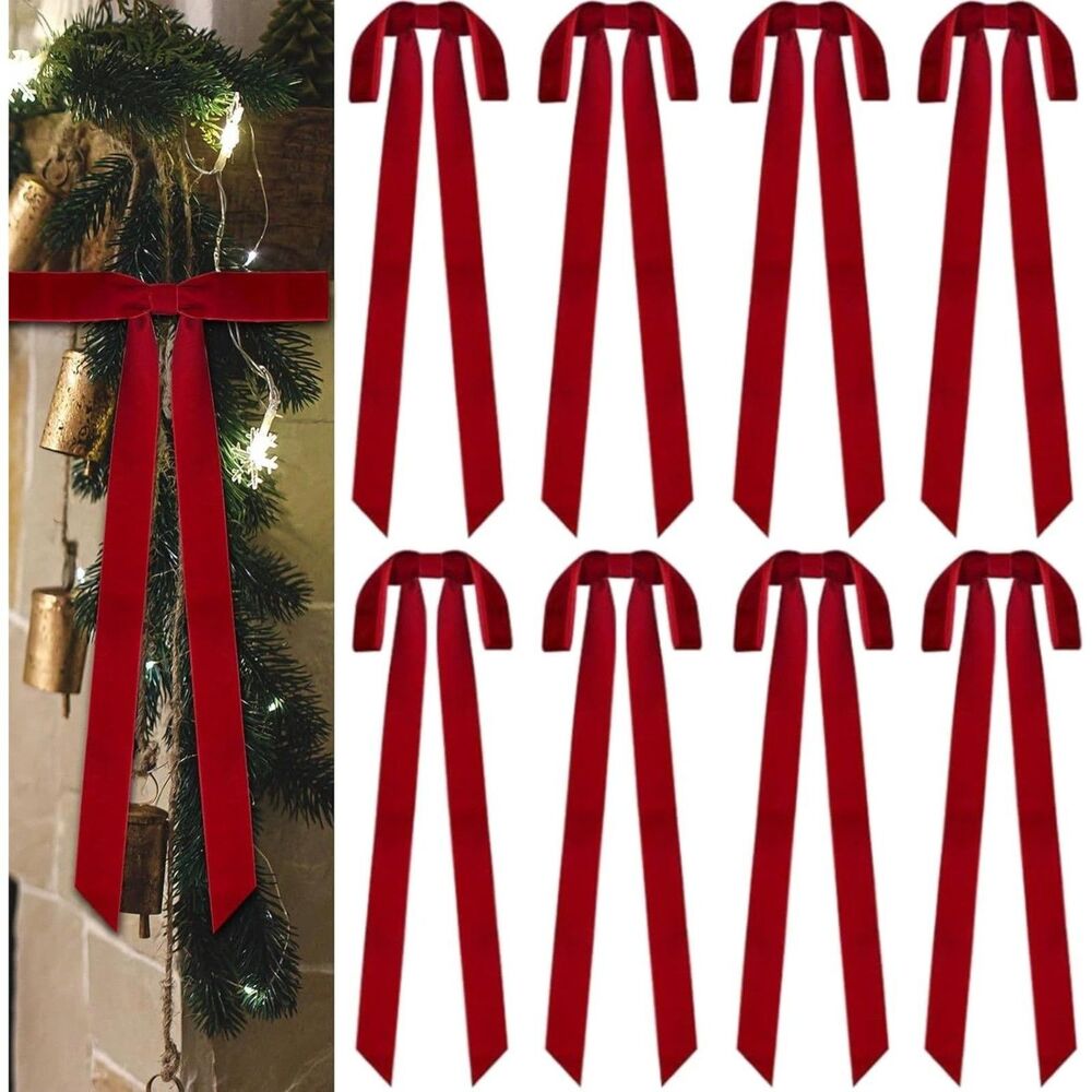 Velvet Bows, 24" x 12" Large Velvet 8 Pcs - Wine Red, 24''x12'', Width of 1.5"
